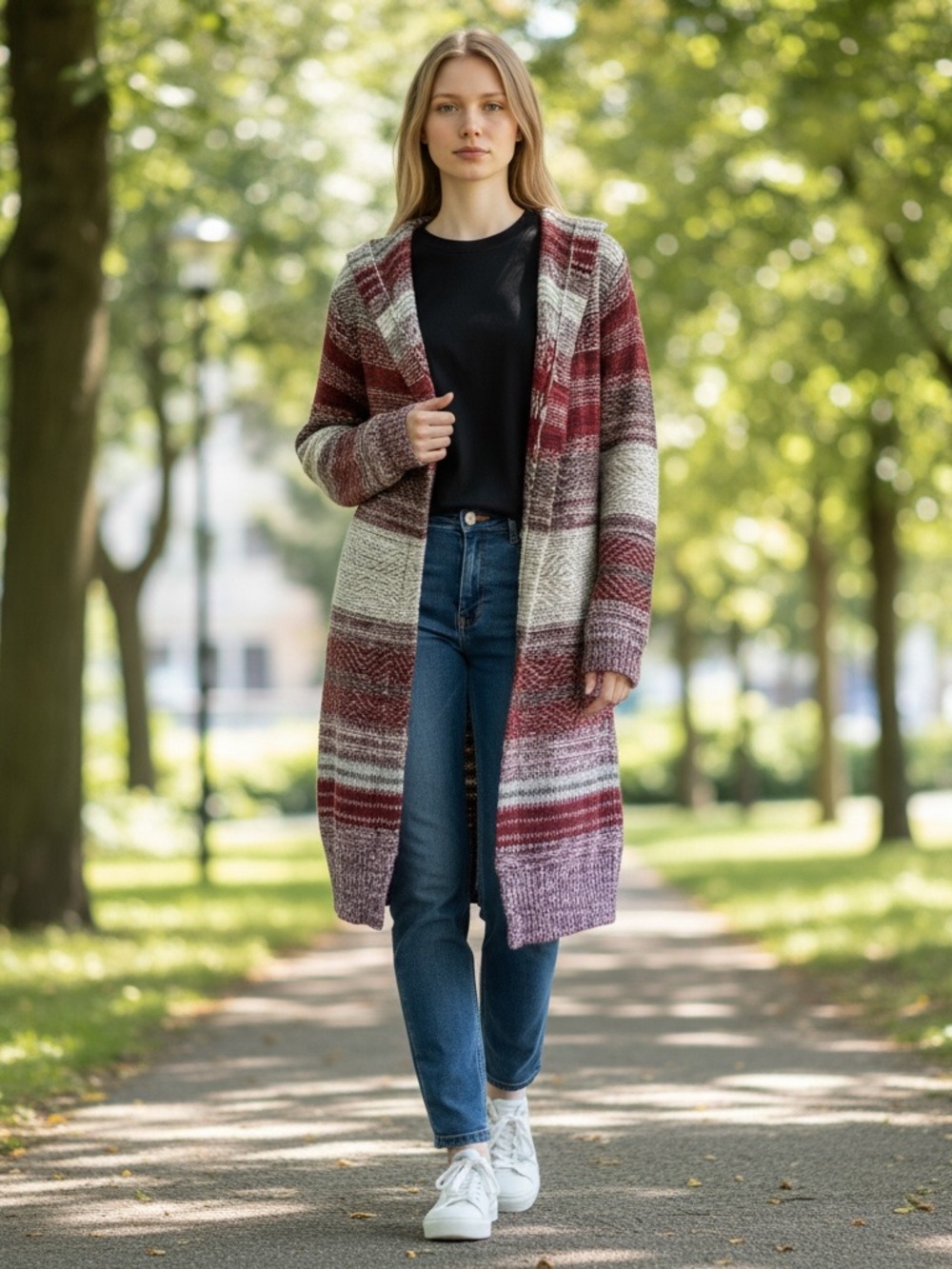Striped Hooded Longline Sweater Cardigan - Burgundy & Cream